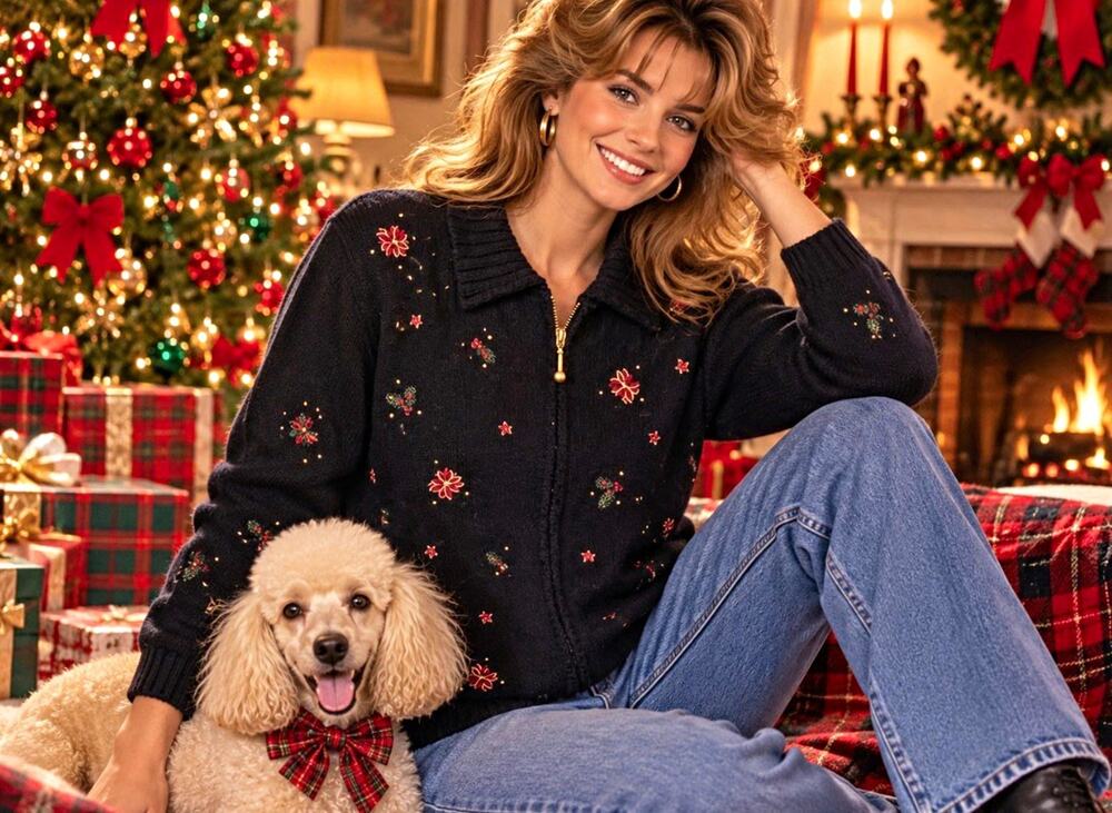 Vintage Croft Barrow Women Christmas Cardigan Sz S Black Embroidered Poinsettia